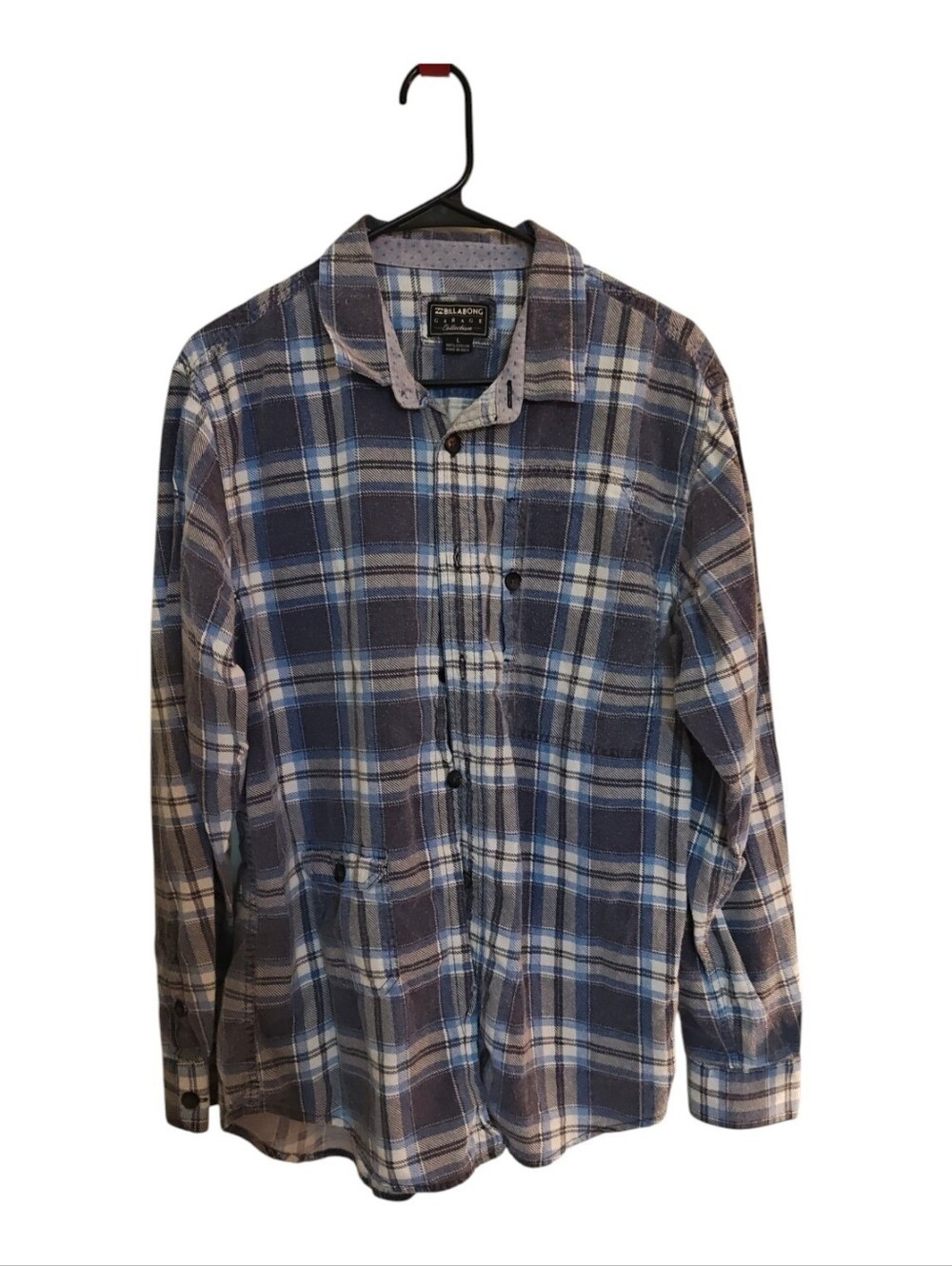 Billabong Blue and Cream Plaid Flannel Shirt Men's Large